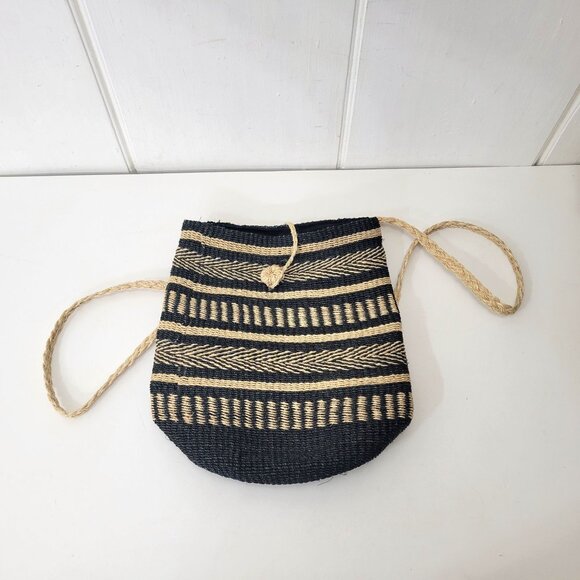 Woven Abacá Black & Beige Backpack Bag With Braided Strap - Picture 6 of 6